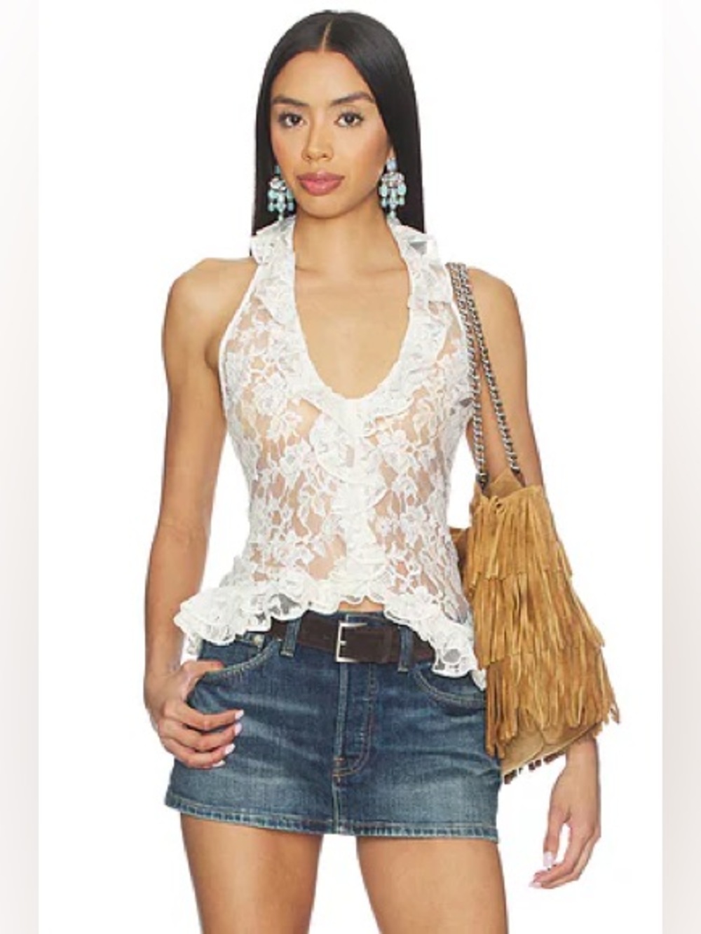LOVERS + FRIENDS Brielle white lace peplum hem and semi sheer top size M NEW